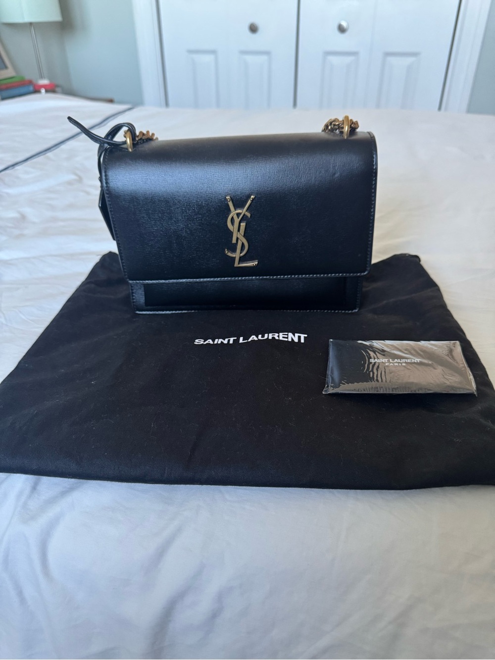 NEW YSL Saint Laurent Sunset Medium in Smooth Leather (Black / Gold Hardware)